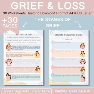 May include: A printable worksheet with illustrations and text explaining the five stages of grief: denial, anger, bargaining, depression, and acceptance. The worksheet includes a section for describing emotions in each stage of grief. The worksheet is titled "The Stages of Grief" and "Emotions in Each Stage of Grief".