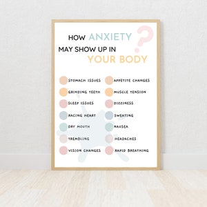 Op de afbeelding: Een printable poster met een lichtblauwe en roze achtergrond. De poster somt fysieke symptomen van angst op, waaronder maagproblemen, tandenknarsen, slaapstoornissen, hartkloppingen, droge mond, trillen, gezichtsveranderingen, eetlustveranderingen, spierspanning, duizeligheid, zweten, misselijkheid, hoofdpijn en snelle ademhaling.
