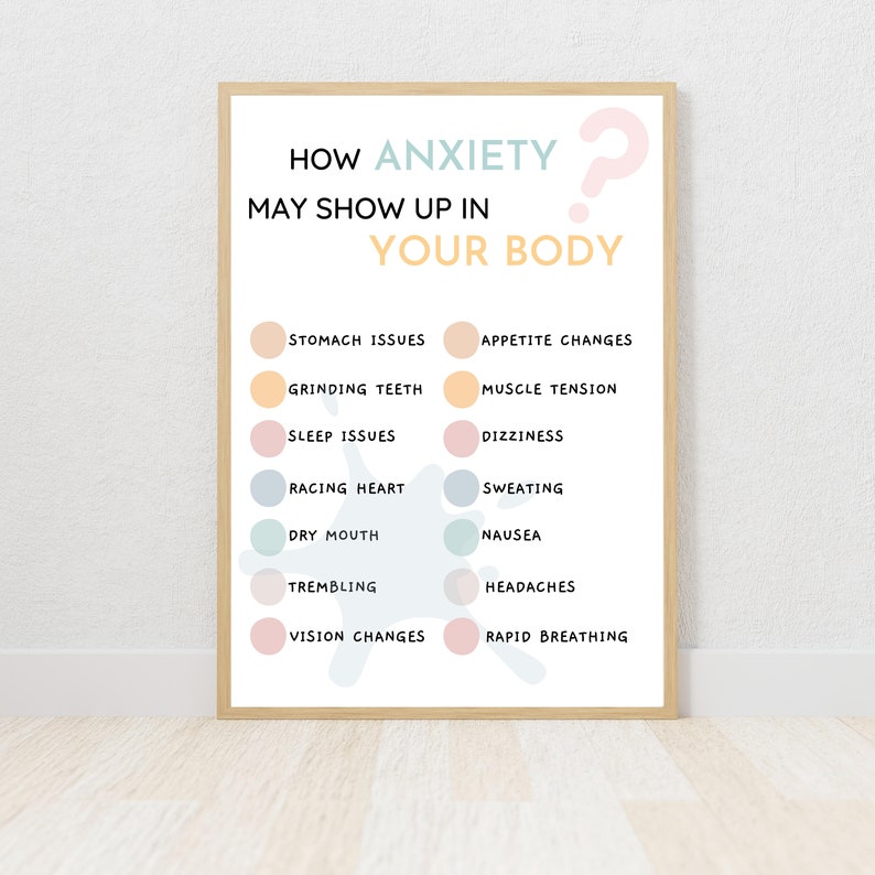 Op de afbeelding: Een printable poster met een lichtblauwe en roze achtergrond. De poster somt fysieke symptomen van angst op, waaronder maagproblemen, tandenknarsen, slaapstoornissen, hartkloppingen, droge mond, trillen, gezichtsveranderingen, eetlustveranderingen, spierspanning, duizeligheid, zweten, misselijkheid, hoofdpijn en snelle ademhaling.