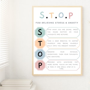 Mental Health Poster, Stop grounding technique, calming down corne anxiety relief ,Therapist Office Decor with Emotional and Social Learning