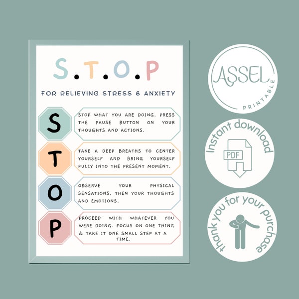Mental Health Poster, Stop grounding technique, calming down corne anxiety relief ,Therapist Office Decor with Emotional and Social Learning