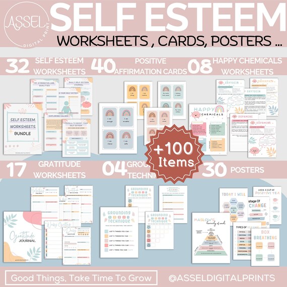 Self Esteem Worksheet Bundle, Gratitude Journal, Therapy Worksheets (Digital Download)