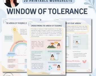 Może przedstawiać: Zestaw 20 arkuszy do druku zatytułowanych Window of Tolerance, zawierających treści edukacyjne dotyczące regulacji emocji. Strony zawierają diagramy, tekst i ilustracje wyjaśniające stany hiperpobudzenia i hipopobudzenia.