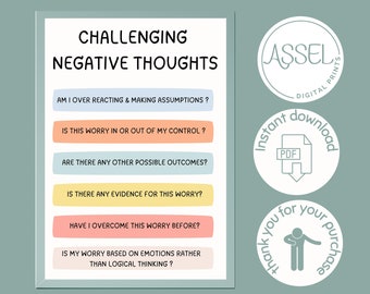 May include: A printable worksheet with the title "Challenging Negative Thoughts" and a list of questions to help challenge negative thinking. The questions are printed in a light blue, orange, yellow, and pink color scheme. The worksheet is surrounded by a white border.