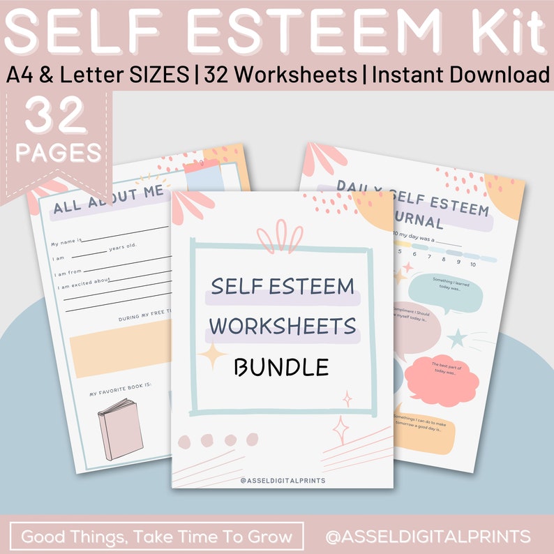 May include: A printable self-esteem worksheet bundle for kids. The bundle includes 32 worksheets in A4 and letter sizes. The worksheets feature a pink, blue, and white color scheme with illustrations of stars and speech bubbles. The text on the image reads "Self Esteem Worksheets Bundle".