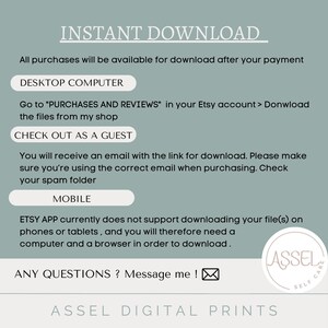 Op de afbeelding: Een lichtblauwe achtergrond met witte tekst die uitlegt hoe je digitale bestanden kunt downloaden die je op Etsy hebt gekocht. De tekst bevat instructies voor het downloaden op een desktopcomputer, het afrekenen als gast en het downloaden op een mobiel apparaat. De tekst bevat ook een bericht om contact op te nemen met de verkoper als je vragen hebt. De tekst is omgeven door een witte rand.
