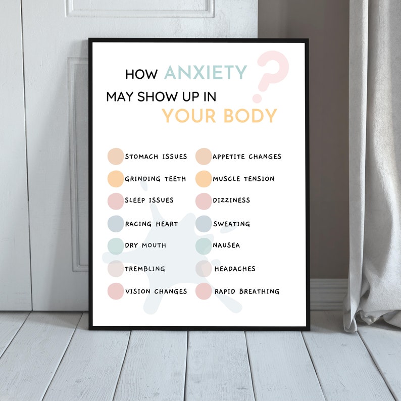 Op de afbeelding: Een witte poster met de tekst "How Anxiety May Show Up In Your Body" in zwart. De poster somt fysieke symptomen van angst op, zoals maagproblemen, tandenknarsen, slaapstoornissen, hartkloppingen, droge mond, trillen, gezichtsveranderingen, eetlustveranderingen, spierspanning, duizeligheid, zweten, misselijkheid, hoofdpijn en snelle ademhaling.