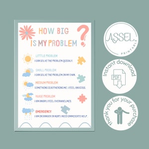 May include: A printable chart with a blue, green, and yellow color scheme. The chart is titled "How Big Is My Problem?" and features a question mark. The chart lists five different levels of problems, from "Little Problem" to "Emergency". Each level is illustrated with a different weather icon and a puzzle piece.