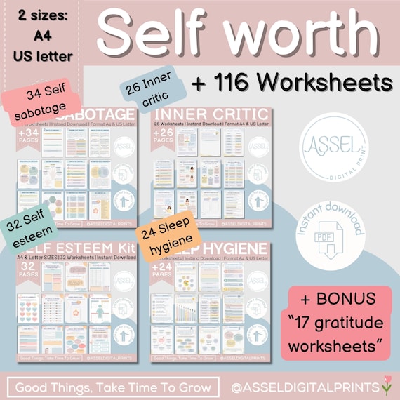 Self Worth Worksheets Bundle, Self Esteem, Inner Critic (PDF Download)