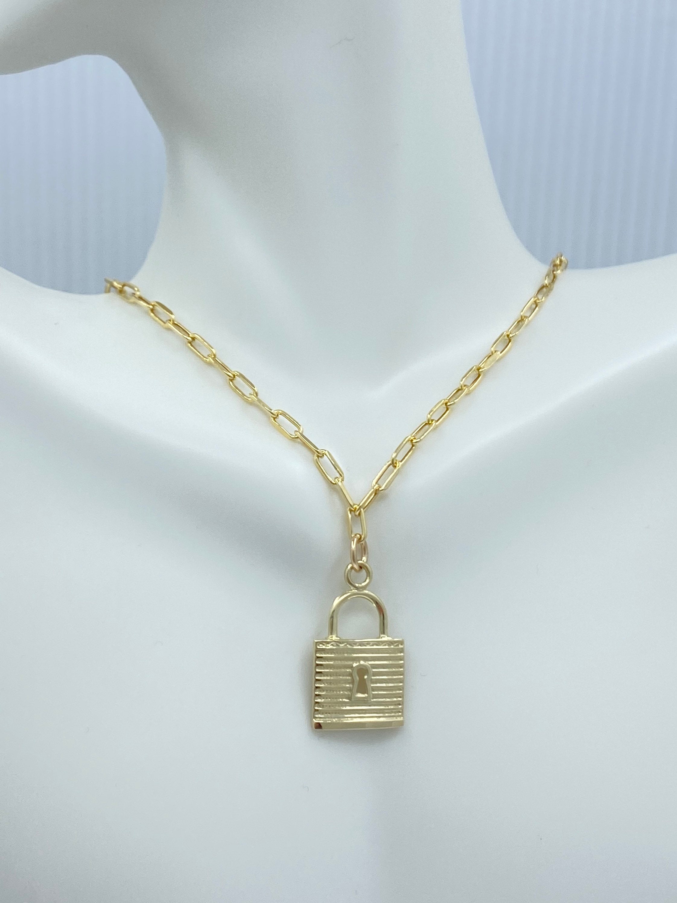 Solid 10K Gold Paperclip Necklace with Lock Pendant. Width 3 Etsy