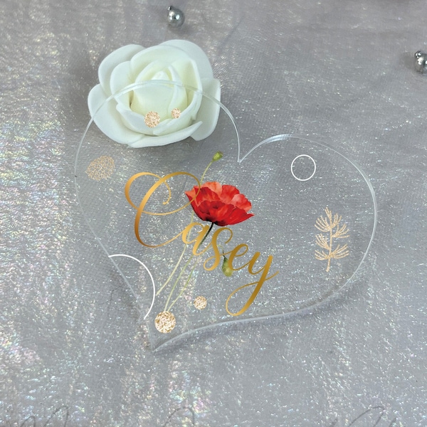 Heart Acrylic Place Card, Personalized Birth Floral Place Names, Floral Wedding Table Place Name, Birthday Gift for MOM