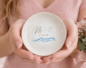 Personalized Beach Wedding Ring Dish, Ocean Wave Jewelry Dish, Long Distance Love Gift, Coastal Wedding Keepsake, Custom Initial Ring Holder