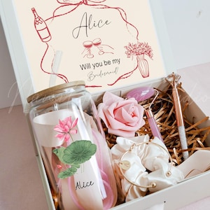 Caja de regalo con lazo rosa, regalo para propuesta de dama de honor, recuerdos para despedida de soltera, taza con flores personalizada para el mes de nacimiento, set de regalo para vacaciones de verano