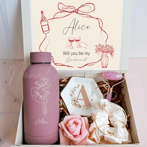 Personalized Bridesmaid Proposal Gift Box, Pink Bow Card,  Will You Be My Bridesmaid Gift, Custom Name & Birth Month Flower Tumbler