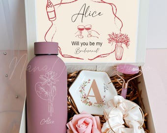 Personalized Bridesmaid Proposal Gift Box, Pink Bow Card,  Will You Be My Bridesmaid Gift, Custom Name & Birth Month Flower Tumbler
