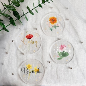Ornement floral de naissance en acrylique, noms de lieux en acrylique personnalisés, cadeau fête des mères, décoration de table, cadeaux d'anniversaire