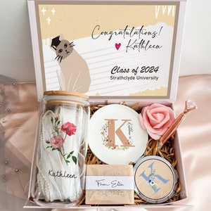 Graduation Gift Box For Women, Present Box With Glass Cup For Her, Recent Graduate Care Package, Round Gold Rim Dish Admission Gifts