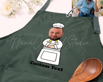 Aangepast gezicht chef-kokschort, grappige cartoon keukencadeau voor vader moeder kok, kerstcadeau voor thuiskok, BBQ, bakliefhebber