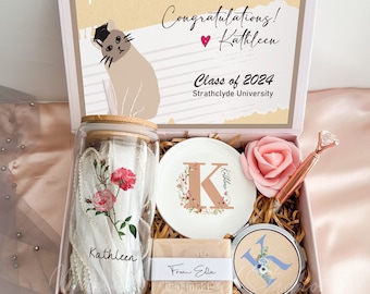 Graduation Gift Box For Women, Present Box With Glass Cup For Her, Recent Graduate Care Package, Round Gold Rim Dish Admission Gifts
