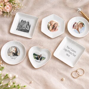 May include: A collection of white ceramic trinket dishes in square, hexagonal, round, and heart shapes. Each dish features custom printed photographs or text, including the phrase Your Custom Logo/Photo/Text Here and Best Friend Always.