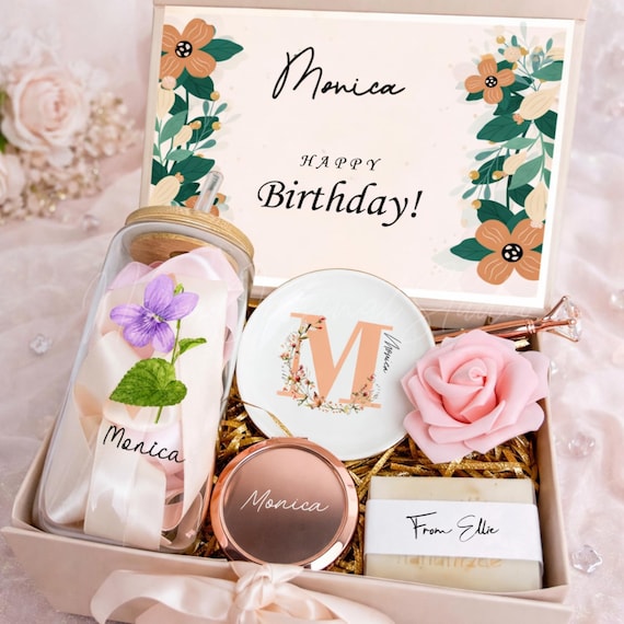 Birthday Gift Box for Her, Mothers Day Gift Box with Birth Month Flower Glass Cup, Self Care Gift Set, Gift for Mom, Besties, Wife