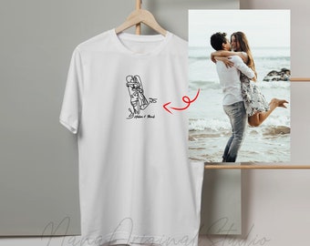 Chemise photo de couple personnalisée, t-shirt portrait dessin au trait personnalisé pour elle, t-shirt vacances en famille, cadeau d'anniversaire