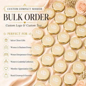 May include: A collection of round gold-toned compact mirrors arranged on a soft fabric surface. Each mirror features a white logo engraving on the lid. The image includes text reading CUSTOM COMPACT MIRROR, BULK ORDER, and Custom Logo & Custom Text.