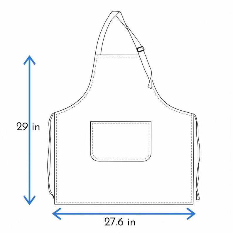 May include: A white apron with a pocket, adjustable neck strap, and waist ties. The apron is 29 inches long and 27.6 inches wide.