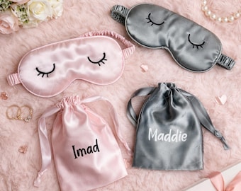 Personalisierte Seidenschlafmaske mit Namen, Brautjungfer Geschenkbox Füllstoff, Augenmaske Set mit Tasche, Bachelorette Party Favor, Geburtstagsgeschenk für Frauen