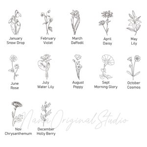 Puede incluir: Una ilustraci&oacute;n en blanco y negro de flores que representan cada mes del a&ntilde;o. Enero es un galanto, febrero es una violeta, marzo es un narciso, abril es una margarita, mayo es un lirio, junio es una rosa, julio es un nen&uacute;far, agosto es una amapola, septiembre es una campanilla, octubre es un cosmos, noviembre es un crisantemo y diciembre es una baya de acebo.