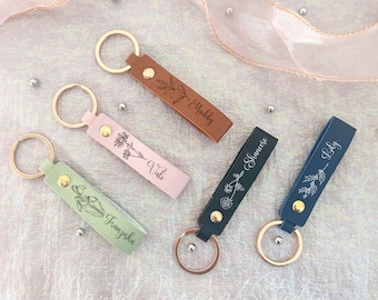 Custom Name Birth Flower Keychain, Dainty Personalized Key ring, Print Names Christmas Gift for Bestie