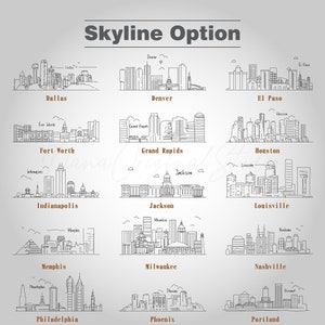 Op de afbeelding: Handgetekende illustraties van stadsgezichten, waaronder Dallas, Denver, El Paso, Fort Worth, Grand Rapids, Houston, Indianapolis, Jackson, Louisville, Memphis, Milwaukee, Nashville, Philadelphia, Phoenix en Portland. De tekst "Skyline Option" staat bovenaan.