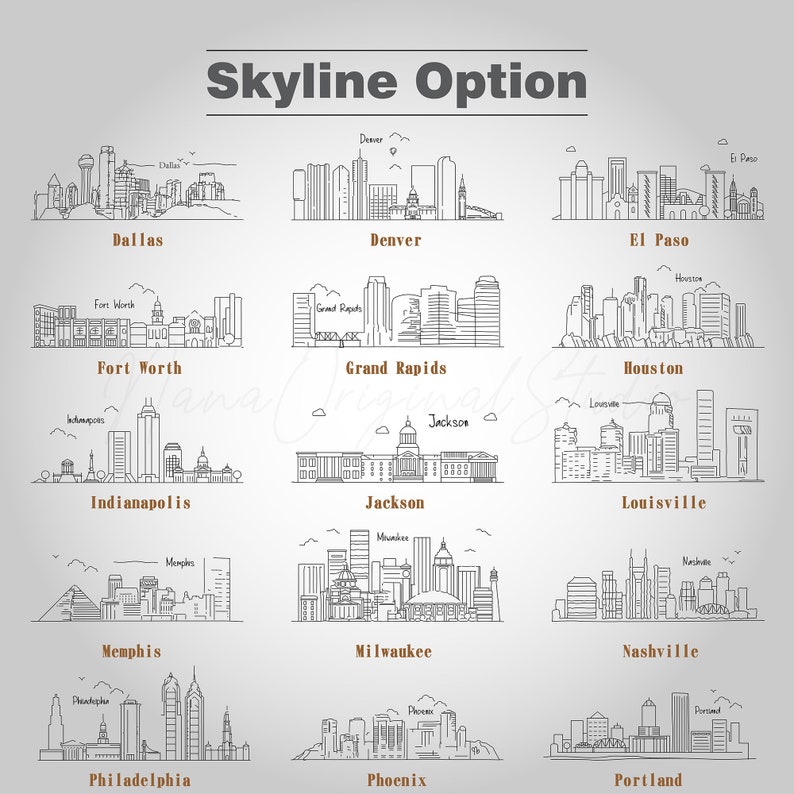 Op de afbeelding: Handgetekende illustraties van stadsgezichten, waaronder Dallas, Denver, El Paso, Fort Worth, Grand Rapids, Houston, Indianapolis, Jackson, Louisville, Memphis, Milwaukee, Nashville, Philadelphia, Phoenix en Portland. De tekst "Skyline Option" staat bovenaan.