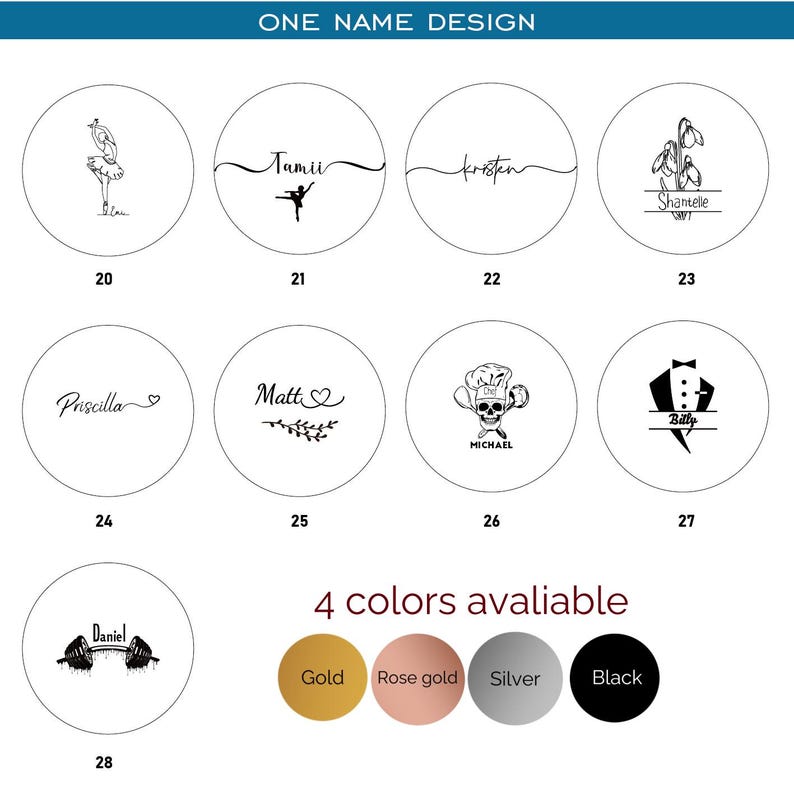 May include: A collection of nine circular design templates labeled 20 through 28, featuring black line art graphics and names including Tamii, Kristen, Shantelle, Priscilla, Matt, Michael, Billy, and Daniel. Four color circles are shown below.