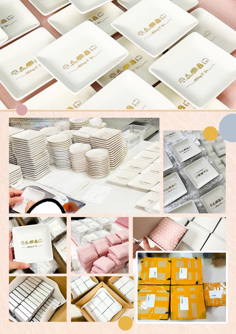 May include: A collection of white square ceramic dishes featuring a gold graphic print of a house icon and the text "Always & Co". The set includes stacks of dishes, individual pieces, and items packaged in boxes with pink protective foam.