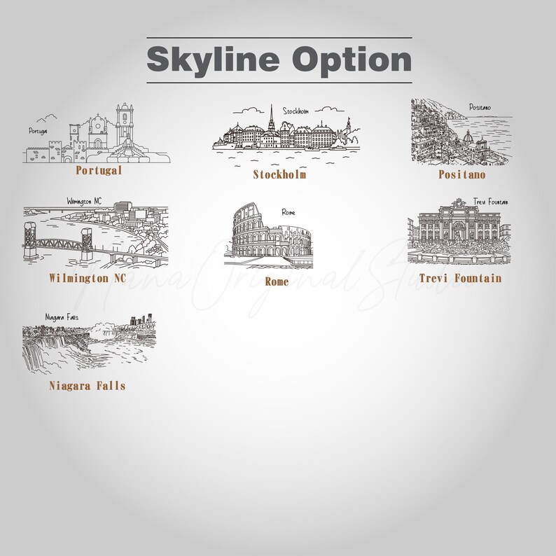 Op de afbeelding: Een zwart-wit illustratie met verschillende stadsgezichten en bekende bezienswaardigheden. De afbeelding bevat tekeningen van Portugal, Stockholm, Positano, Wilmington NC, Rome, Trevifontein en Niagara Falls. De tekst "Skyline Option" staat bovenaan.