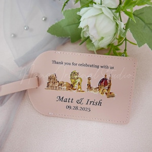 Etiqueta de equipaje personalizada con lugares emblemáticos, etiqueta de equipaje personalizada para bodas, etiqueta de equipaje con ilustración de ciudad, etiqueta de equipaje de cuero sintético con nombre, regalos para despedidas de soltera