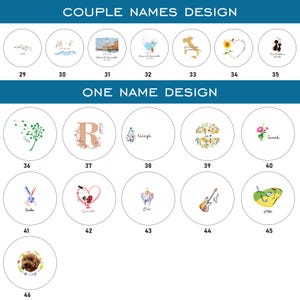 May include: A collection of circular design templates labeled COUPLE NAMES DESIGN and ONE NAME DESIGN, numbered 29 through 46. Each circle features unique illustrations including floral motifs, animals, musical instruments, and personalized text.
