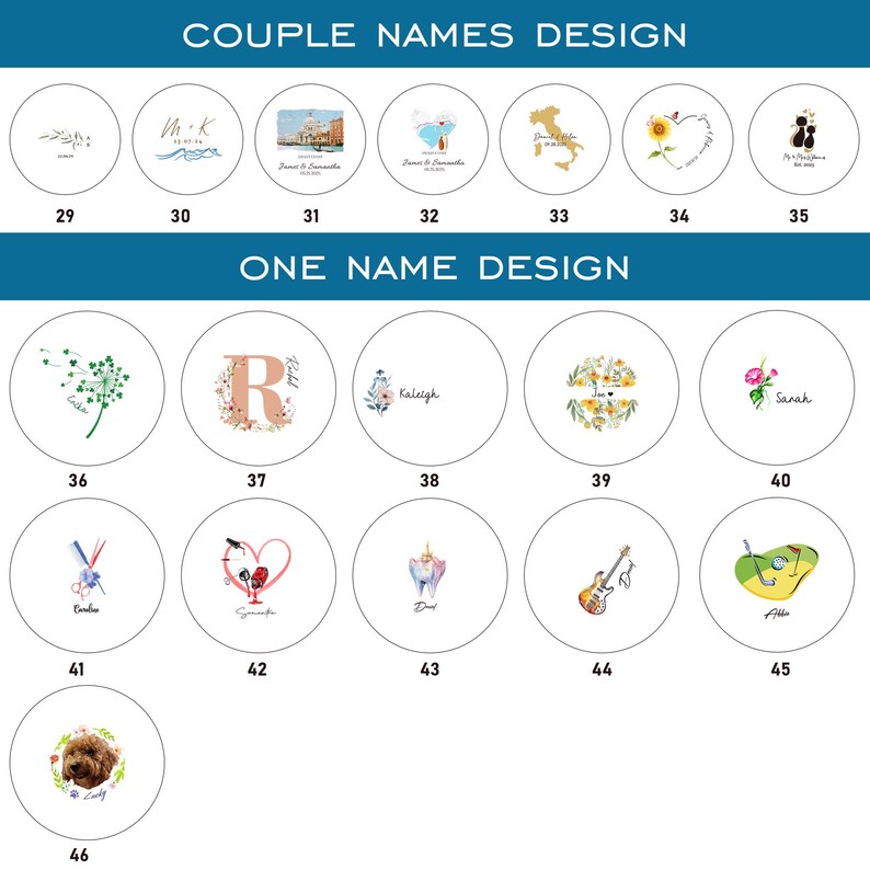 May include: A collection of circular design templates labeled COUPLE NAMES DESIGN and ONE NAME DESIGN, numbered 29 through 46. Each circle features unique illustrations including floral motifs, animals, musical instruments, and personalized text.
