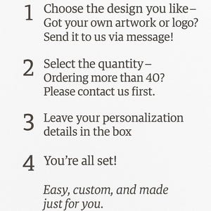 May include: A light-colored informational graphic titled How to Order with a lightbulb icon. It lists four steps: choosing a design, selecting quantity, leaving personalization details, and confirmation, ending with the text Easy, custom, and made just for you.
