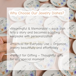 May include: A collection of round white ceramic jewelry dishes featuring a floral design with blue and orange flowers, green leaves, and the text "Jenny & Luis 07.25.2025". The dishes are arranged in a grid pattern, each displaying the same custom print.