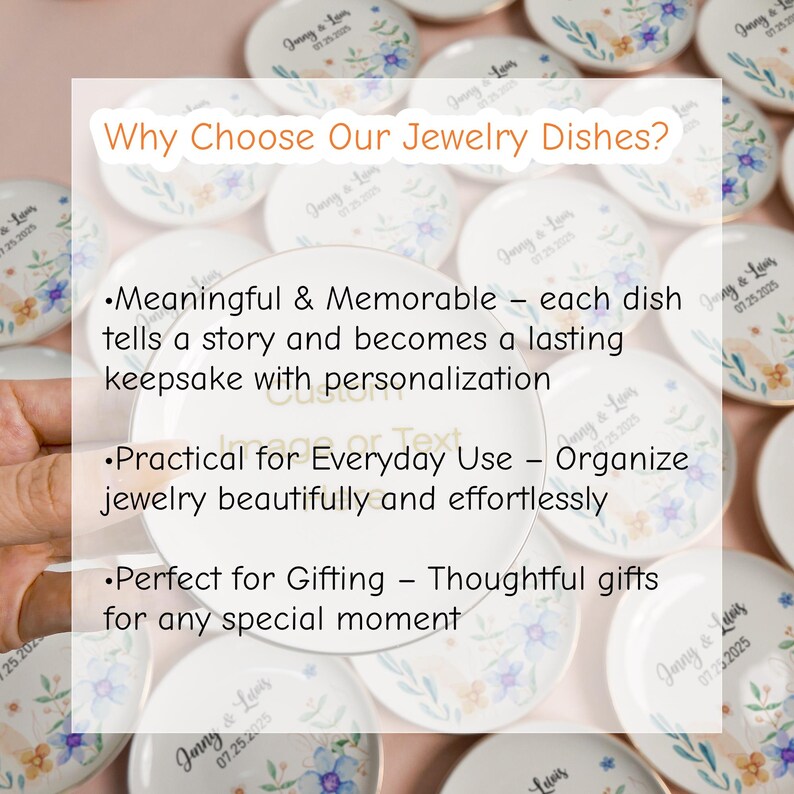 May include: A collection of round white ceramic jewelry dishes featuring a floral design with blue and orange flowers, green leaves, and the text "Jenny & Luis 07.25.2025". The dishes are arranged in a grid pattern, each displaying the same custom print.