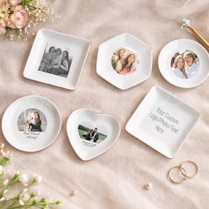 May include: A selection of white ceramic trinket dishes in diverse shapes, including square, hexagonal, round, and heart-shaped. Each dish displays a personalised photo, with gold edging. One dish has the text "Best Friend Always". Another has the text "Your Custom Logo/Photo/Text Here".