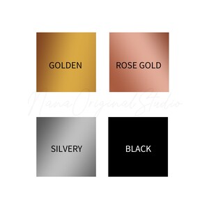May include: Four color swatches: golden, rose gold, silvery, and black. Each color is displayed within a square, with the color name in white text. The image is a simple color palette for design or product options.