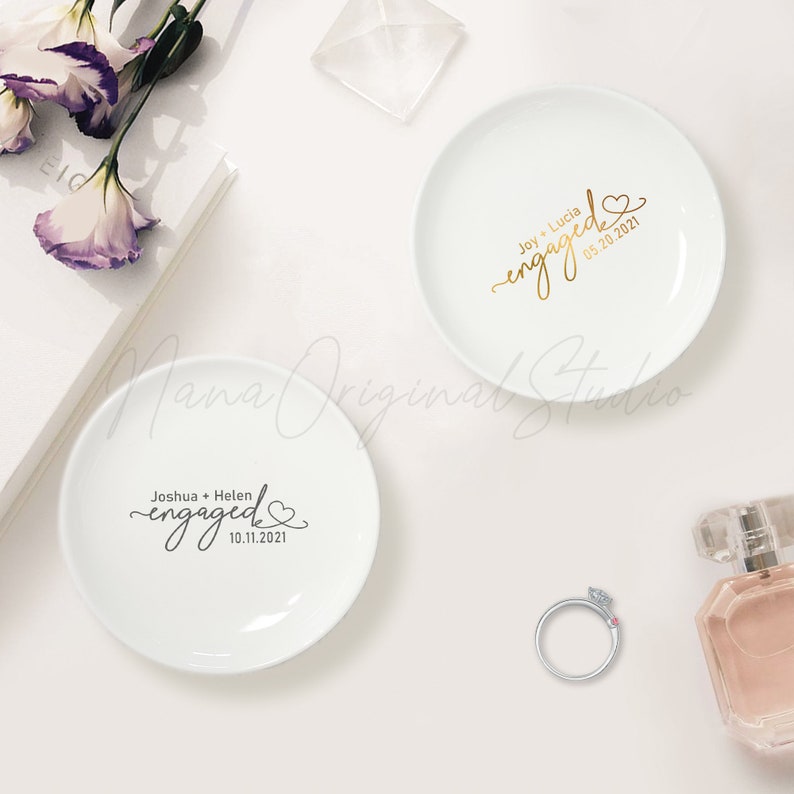 Engagement Heart Ring Dish, Custom Couple Name Jewelry Dish, Ring Holder Dish, Just Engaged Gift, Anniversary Gift _NND image 9