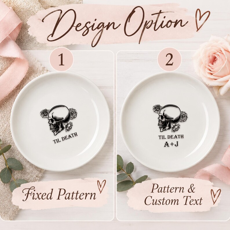 May include: Two white ceramic ring dishes featuring a black graphic of a skull surrounded by roses. The first dish displays the text TIL DEATH. The second dish features the text TIL DEATH and the custom initials A+J in black lettering.