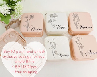 Custom Jewelry Travel Case, Bulk Order 10+ Jewelry Box, Birth Month Floral Jewelry Box for Bridesmaids, BFF Gifts, Best Banker Gift