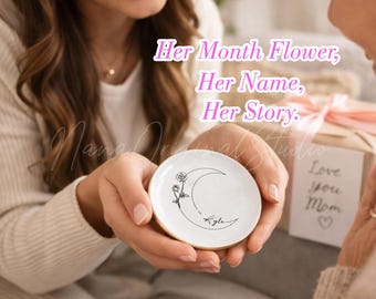 Plato para anillos con forma de luna, plato personalizado para joyas con flores del mes de nacimiento, regalo personalizado con nombre para mamá, regalo del Día de la Madre de parte de su hija, regalo de cumpleaños