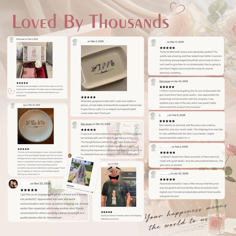May include: A collage of customer reviews with the text "Loved By Thousands." The reviews feature images of various products, including a gift box, a decorative dish, and a plate. The reviews are positive, highlighting product quality and customer satisfaction.