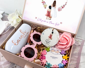 Caja de regalo para niña de las flores, Caja de regalo para pedirle a la niña de las flores que sea nuestra niña de las flores, Regalo rosa para niña de las flores con vaso, Caja de regalo "¿Quieres ser nuestra niña de las flores?"_NNP3